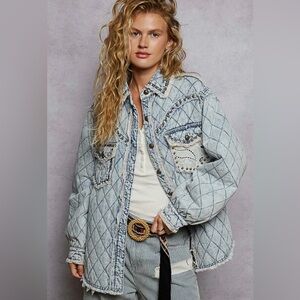 NEW Pol “Rochester” Dust & Denim Quilted Lace Panel Shacket / Jacket Stud Detail